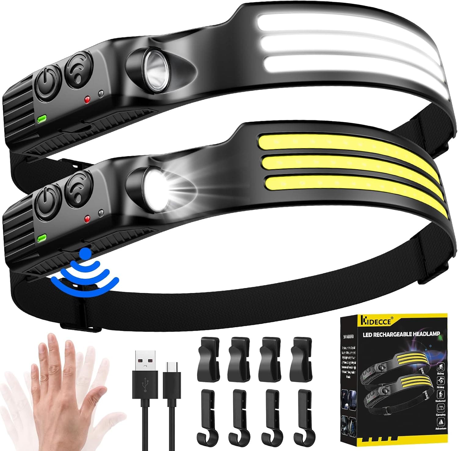Headlamp Rechargeable, 2 Pack Super Bright 3000 Lumen 5 Modes 1500mAh, 230° Wide Beam 3 Light Motion Sensor Head Lamp, Lightweight Waterproof Headlight for Camping, Running, Hiking