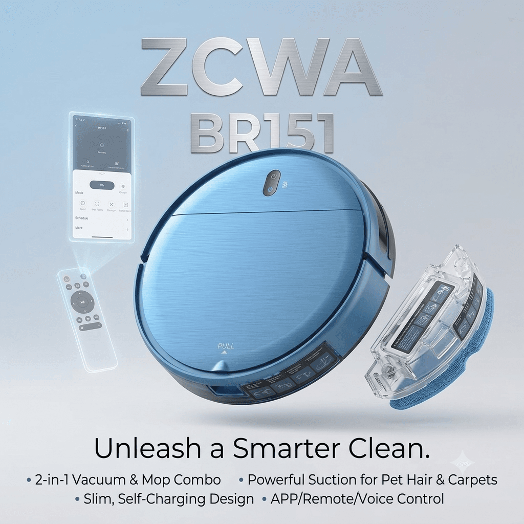 ZCWA Robot Vacuum,Robot Vacuum and Mop Combo with Schedule,APP/Remote/Voice,Strong Suction,Slim Self-Charging 2 in 1 Floor Cleaner for Pet Hair,Carpets,Hard Surfaces
